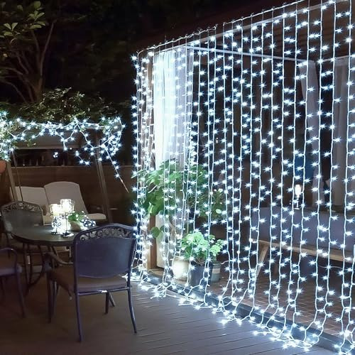 Elegear 6m x 3m Curtain Lights Mains Powered 600 LED, Plug in Outdoor Waterfall Fairy String Lights with 8 Modes for Christmas, Xmas, Garden, Patio, Wedding, Bedroom, Inodoor Decoration, Cool White | Cool White Light/ 8 Modes/ Memory/ End-to-End Connections/ IP44 Waterproof for Xmas Tree Wedding Garden Outside/ Indoor Dec