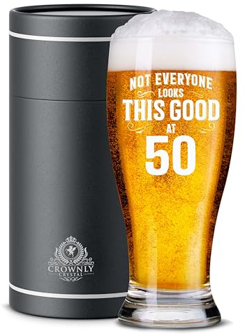 CROWNLY CRYSTAL® Personalized Beer Glass 50th Birthday Gift for Men with Card Pint Glass Gift Idea