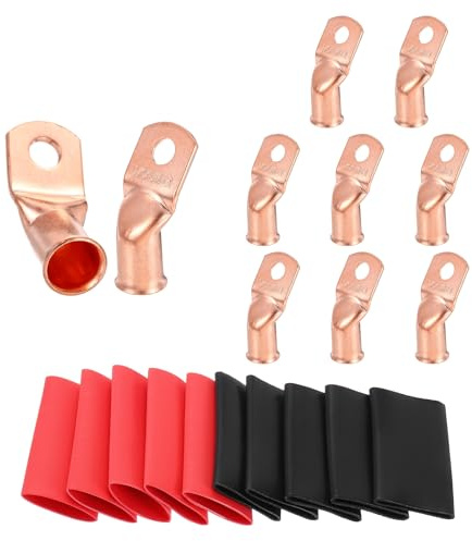 sourcing map 10 capicorda in rame piegato a 45°, 2/0 AWG, terminali terminali per batteria, calibro 2/0 da 5/16, connettori terminali ad anello con 10 tubi termorestringenti 3:1 nero e rosso