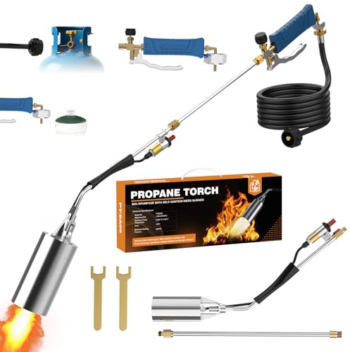 Propane Torch Weed Burner Kit, High Output with Long/Short Mode,11.5FT Hose Heavy Duty Blow Torch Flamethrower with Self Igniter and Turbo Trigger for Weeding, Roofing, Melting Ice, BBQ (Blue)