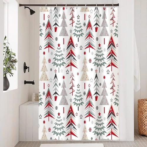 Uiiooazy Tenda Doccia Antimuffa, Tenda da Doccia 120x180cm Natale Inverno Astratta Rossi Grigio Foresta Foglie Verdi Tende da Bagno Tessuto Lavabile Impermeabile Tende per Vasca da Bagno con 8 Anelli