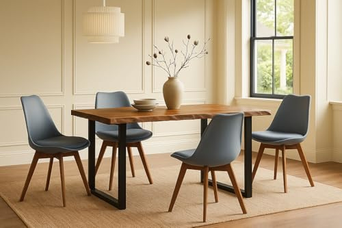 SAM 5 TLG. Essgruppe Josy | Esstisch mit 4 Stühlen | 140x80 cm mit Baumkante | Holz Nussbaum-Optik | 40 mm Platte | U-Gestell Schwarz | 4X Schalenstuhl Grau + Gestell in Nussbaumfarben