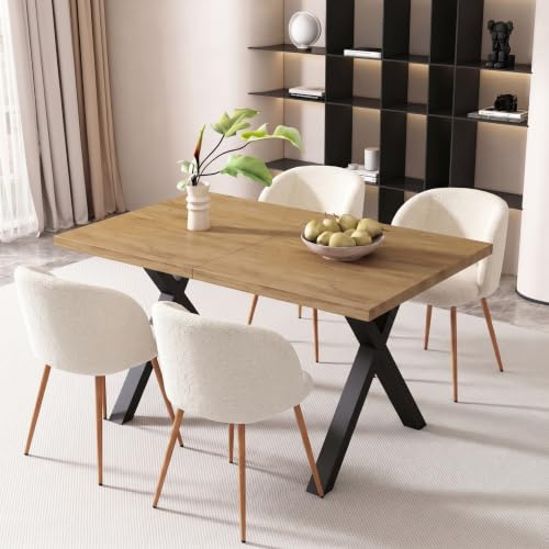 NORDICANA Esszimmerstühle 4er Set, Teddy Sessel, Schminktisch Stuhl, Küchenstühle, Wohnzimmerstuhl, Metallbeine mit Holzmaserungseffekt, Beige, für Wohnzimmer, Esstisch, Schminktisch