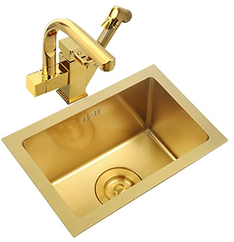 NZPOST Fregadero de Cocina de un Solo Seno, Rectangular, de Acero Inoxidable 304, con Grifo extraíble y escurridor, para Montaje Superior o bajo encimera (38 x 26 x 21,5 cm)