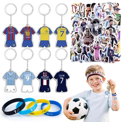 Fußball Party Mitgebsel Kindergeburtstag- Fußball Accessoire Set mit Fußball Armband Jungen Fußball Trikot Schlüsselanhänger Aufkleber CR7 für Fußballfans Spieler Sportlicher Sportbegeisterte Geschenk