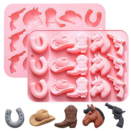 Cowboy Silikon-Backform, 2er-Set, 8,46x6,10 in, Rosa | Western-Motiv, 12 Kavitäten, Schokoladenform, Wiederverwendbar, Kuchendekor