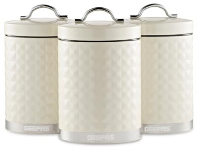 GEEPAS 3-Piece Tea Coffee Sugar Canisters Set | 1.3L Airtight Durable Carbon Steel Material Lids & Body | Kitchen Storage Canisters Keeps Contents Fresh Aromatic & Flavourful | Cream Argyle
