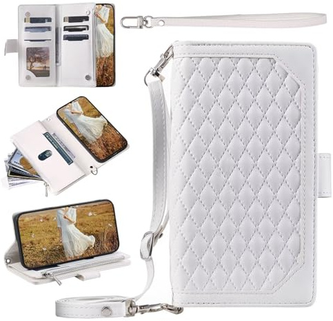 xinyunew Funda con Cuerda para Motorola Moto E13 Carcasa con Correa Colgante Ajustable Collar,con Ranura para Tarjeta Cierre Magnético Flip Folio Protección Carcasa [Soporte Plegable] Blanco