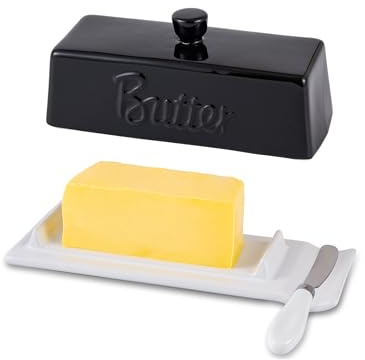 AMIEENOR Beurrier Céramique avec Couteau - Design Allongé Moderne, Boîte à Beurre avec Couvercle pour Table et Réfrigérateur - Idéal pour Beurre en Bâtonnet ou Demi-Motte 250g - Noir