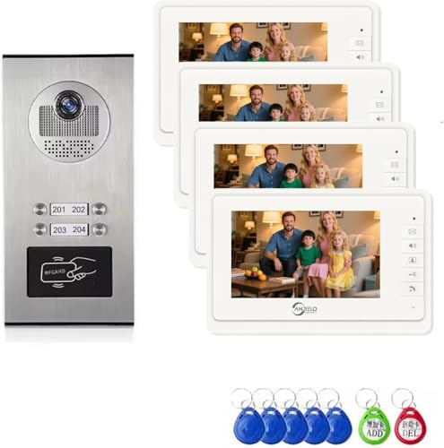 ANJIELO SMART Wired Video Apartment Intercom System,Video Doorbell Camera,7 inch Monitor, Outdoor Front Door Camera,Night Vision, Two-Way Audio,ID Card Unlock (4 Monitor)