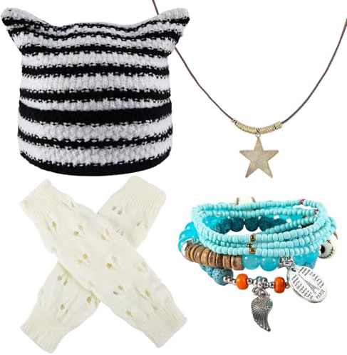 TJHDSF 4 Stück Therian Gear Y2K Kleidung, Grunge-Kleidung, Emo Beanie Mütze mit Katzenohren, fingerlose Handschuhe, Punk Kette, fünf Fairycore-Armbänder