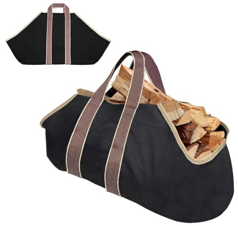 Large Canvas Log Carrier Bag, 36x17.5 Firewood Basket Durable Storage | Log Companion for Fireplace, Wood Burner, Outdoor Fire Accessories, Black