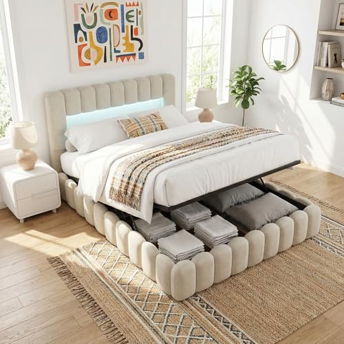 BEIJIALY Bubble Bett 160x200 Mit Bettkasten,Bubble Polsterbett Doppelbett Mit Hydraulisch Stauraum,Stauraumbett Mit LED Kopfteil,Jugendbett Bettgestell Mit Lattenrost,Leinen Beige,Ohne Matratze Füße