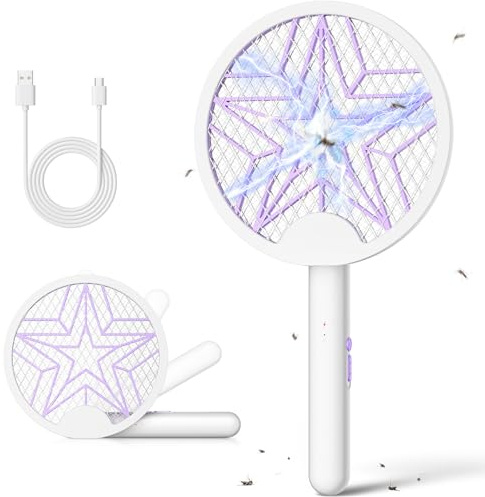 YISSVIC Raquette Electrique Insectes, 4000 V Raquette Anti Moustique Pliable Tapette à Mouches Rechargeable Lutte Contre Moustiques Mouches Mites Insectes Volants, Blanc | Maille à 3 couches, poignée pliable, légère et portable, pour intérieur et extérieur, blanc violet