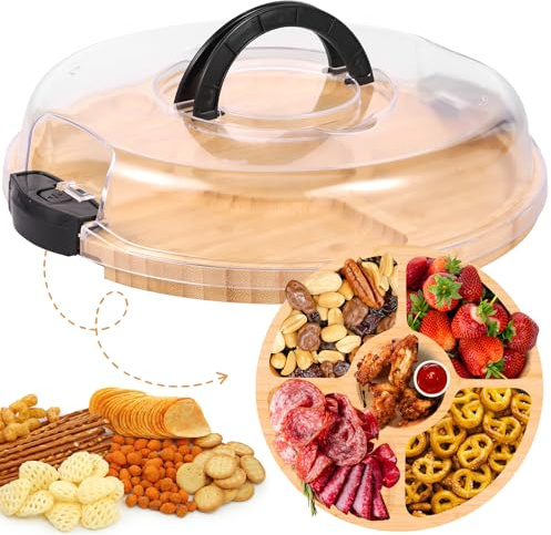 Cheese Board Covered, Round Charcuterie Board with Lid, Bamboo Fruits Platter Serving Tray, Travel Portable Charcuterie Box, Bamboo Food Storage Platter for Party Picnic Camping(canary yellow,5 grid)