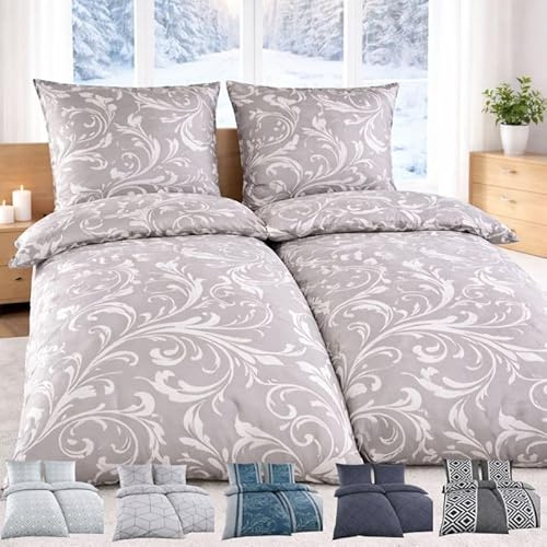 MALIKA Biber Bettwäsche 4-teilig 135x200 cm - 100% Baumwolle Feinbiber, kuschelig warm & weich angeraut - Winter Bettwäsche Set mit 2 Kissenbezügen 80x80, Größe:2X 135x200 + 2X 80x80 cm