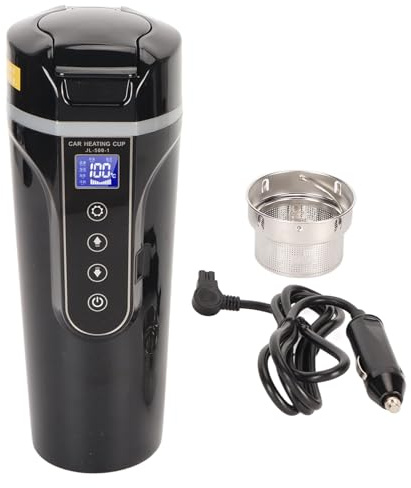 Bollitore Elettrico da Viaggio 500ml Nero con Display Temperatura, 96W 12V / 24V - Riscaldamento Rapido e Sicuro per Auto, Perfetto per Tè e Caffè in Movimento