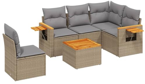 Foknhdi 6-TLG. Gartenmöbel Set Beige Rattan Sofa mit Akazienholz Tisch 62 x 62 x 69 cm platzsparend modular für kleine Balkone Terrasse Lounge