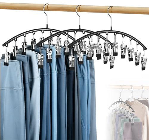 3 Stück Hosenbügel Platzsparend mit 10 Clips, Kleiderbügel Platzsparend Drehbarer Edelstahlhaken Kleiderbügel Hosen für Leggings Shorts Röcke und Mützen Kleiderschrank Organizer