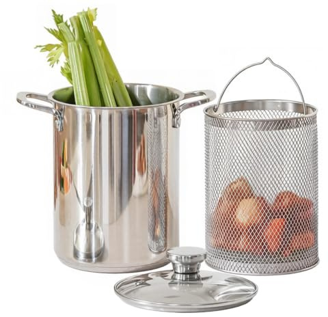 Pentola per Asparagi Vaporiera in Acciaio Inóx - 4 Quarti Padella Friggitrice per Pasta Spaghetti con Cestello Sgocciolatore Rimovibile e Coperchio | Bollitore Alto per Sbollentare Verdure