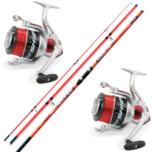 VF-Angelsport Deluxe Brandungsset 2 Ruten + 2 Rollen + Schnur - Surfen, Fischrutenrolle, 4,2m, Heavy, 170m Monofil, Rot, Schwarz