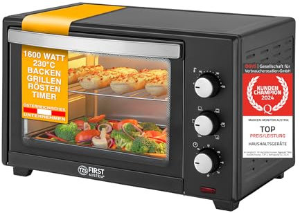 TZS First Austria - Minibackofen 35L 1600W - Mini Backofen Pizzaofen stufenlose Temperaturregelung bis 230°C & Antihaftbeschichtung - Miniofen 60 Min. Timer, 3 Einschubhöhen, Backblech & Grillrost