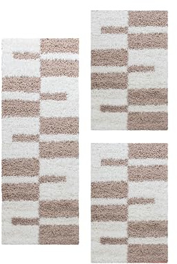 HomebyHome Bettumrandung Schlafzimmer 3 teilig Teppich Beige - Waschbarer Bettumrandung Teppich Läufer Set Extra Flauschig Bettvorleger Schlafzimmer Bettset:2 St. 60x110 cm | 1 St. 80x150 cm