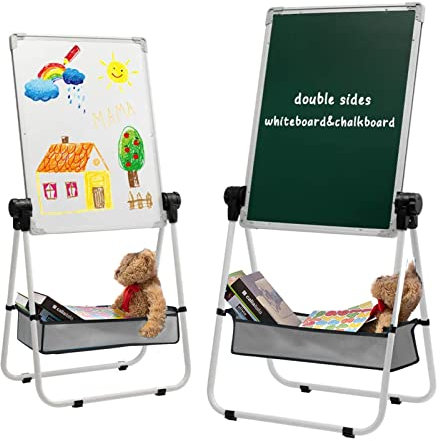 DOEWORKS Kinder Staffelei Magnetische Whiteboard U-Ständer, Doppelseitiges Whiteboard & Kreidetafel Schreibbrett mit Zubehör, Kinder Tafel Höhenverstellbar & 360°Rotation, Weiß