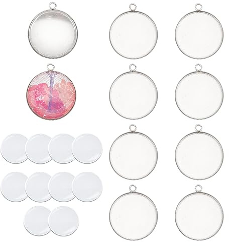 UNICRAFTALE 10 Sets 30mm Flache Runde Tablett Anhänger 304 Edelstahl Anhänger Cabochon Rohlinge Und Transparentem Glas Cabochon Für Frauen Halsketten Schmuckherstellung