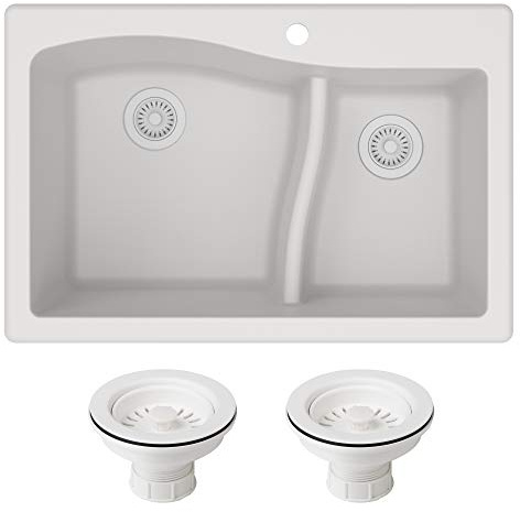 KRAUS KGD-442 Quarza 33-inch 33” Dual Mount 60/40 Double Bowl Granite Kitchen Sink in White