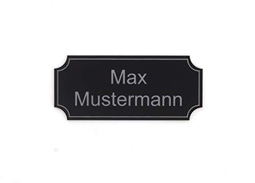 Gravurheim Briefkastenschild Türschild individuelle Gravur Name | selbstklebend - personalisiert | Kunststoff - Plastik | (8x3,5cm Rechteck Hohlkehle Umrandung, Schwarz-Silber)