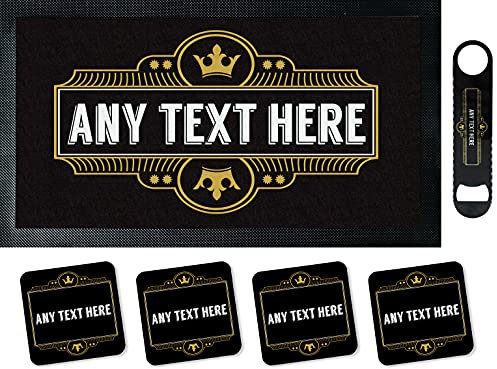 Hippowarehouse Personalised Bar Runner Mat, Matching Bottle Opener and Four Matching Drink Coasters Gift Set Home Garden Tiki Bar Accessories Pub Man Cave