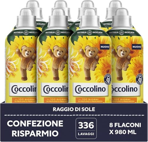 Coccolino Weichspüler Konzentrat Sonnenstrahl, Weichspüler Waschmaschine mit Stay Fresh Technologie, Duft Orange, Jasmin und Bernstein, Format bis zu 336 Waschgänge, 8 Stück à 980 ml