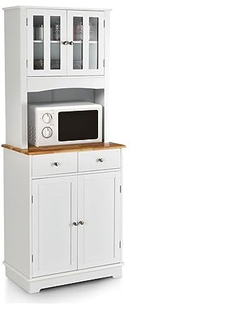 GiantexUK Tall Kitchen Cupboard, Freestanding Storage Cabinet with Rubber Wood Countertop, Adjustable Shelves & Drawers, 4-Door Pantry Cabinet for Home Kitchen Dining Living Room, White (White)