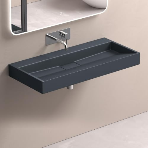 doporro Lavabo Suspendu Vasque à Poser Lave Mains Rectangulaire 100x46x11cm | Gris Noir Mat avec Bonde Incluse, sans Perçage de Robinet, pour Salle de Bain, Colossum19