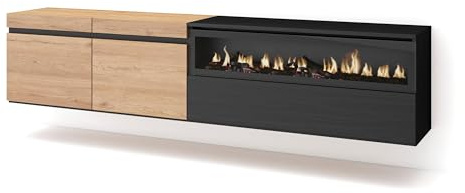 Skraut Home | Meuble TV | Banc Télé | Grand Espace de Rangement | 200x45x35cm | pour Les TV jusqu'à 80 | Cheminée électrique | Suspendu, Mural | Style Moderne | Chêne et Noir