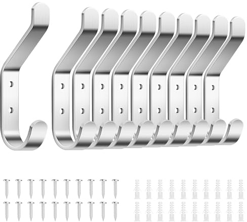susswiff 10-Stück Garderobenhaken, Kleiderhaken zum Schrauben, Haken für Akustikpaneele, Schlafzimmer, Wohnzimmer, Badezimmer, Wandhaken für Garderobe, Jacken, Hut, Metall, Gebürstetes Silber, 10CM