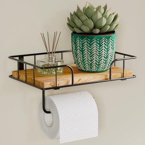 THYGIFTREE Toilettenpapierhalter Holz mit Ablage Klopapierhalter mit Feuchttücherbox Klorollenhalter WC Rollenhalter mit Bohren Wandmontage WC Papier Halterung für Badzimmer (Schwarz)