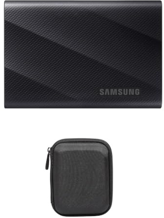 Samsung Portable SSD T9, 1 TB, 2.000 MB/s Lesen, 1.950 MB/s Schreiben, USB 3.2 Gen.2x2, PC, Smartphone und 12K Kameras, MU-PG1T0B/EU + Amazon Basics Festplattentasche, schwarz