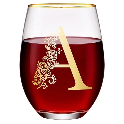 Unique Stemless Floral Monogram Wine Glass Engraved Initial Gift 15oz Wine Glass Cup Monogrammed Gifts for Women Men Birthday Christmas Gifts Wedding Bridesmaid Proposal (gold A)