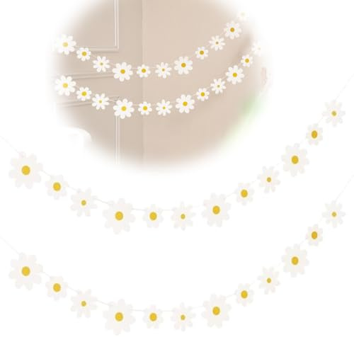 LJFEA 2 Pack Gänseblümchen Boho Banner Party Dekorationen, Gänseblümchen Pulls, Funky White Daisy Dekorationen Sommer Party Frühling Blumen Papier Girlande Mädchen Geburtstag Party Zubehör