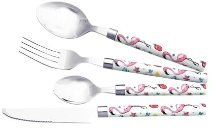 Lebrun Cubiertos FLAMANTE ROSA - Vajilla para 6 personas - Cubertería de 24 piezas - 6 tenedores, 6 cuchillos de mesa, 6 cucharadas, 6 cucharaditas, diseño flamenco rosa - Marca francesa