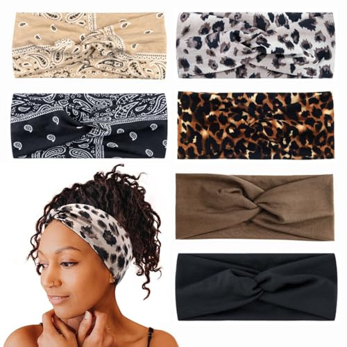 6 Stück Haarband Damen,Breite Elastische Stirnbänder mit Leopard Print | Rutschfeste & Weiche Haarbänder, Ideal für Yoga und Sport - Sommerliches Boho Design mit Leopard Print in Mehreren Farben