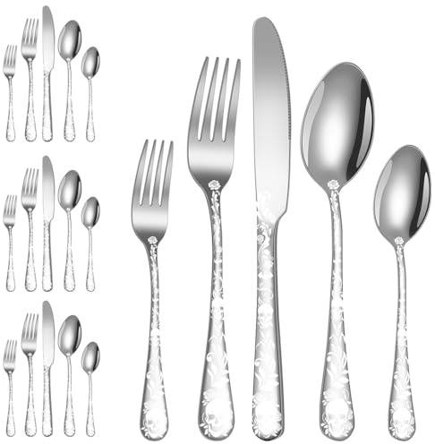 XIAOYU 20 Piece Halloween Skeleton Tableware Silverware Set, Metal Flatware Set Service for 4, Gothic Unique Skull Flower Pattern Design, Skeleton Utensil Cutlery Set for Halloween Easter Christmas