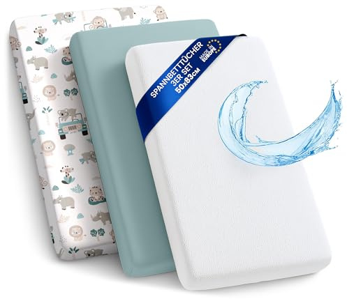 Sábanas bajeras Cochecito Goma elástica Juego de 3 Protector de colchón | impermeable con goma elástica 50x83 cm 2x Sábana bebé para cuna minicuna moisés capazo accesorios cama África y color salvia
