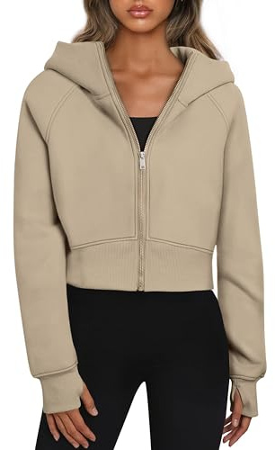 Timuspo kort huvtröja för kvinnor, kort sweatjacka med huva, dragkedja, huvjacka, fleecefoder, huvtröja, dragkedja, höst, vinter, sweatshirt, jacka, kaki, L