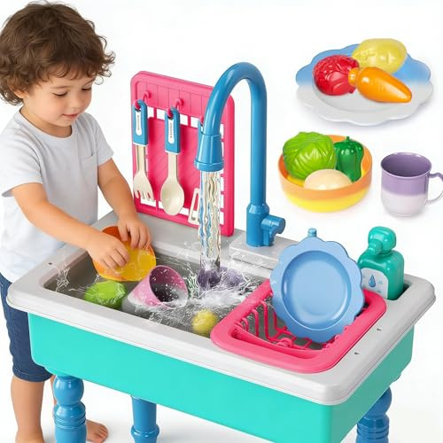 Doloowee Color Changing Kitchen Sink Toys,Electric Dishwasher Playing Toy Play Sink for Kids 3-5 with Running Water,Upgraded Faucet and Play Dishes,Pretend Play Kitchen Toys for Kids Boys Girls(Blue)