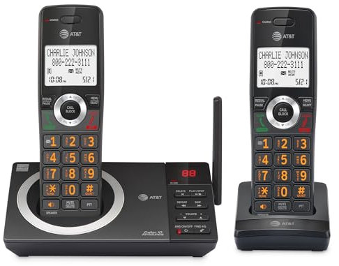 AT&T 2-Handset Expandable DECT 6.0 Cordless Home Phone with Large Display, Big Buttons, Answering Machine, Smart Call Blocker, Long Range, Caller ID, Speakerphone, Intercom: CL82218 (Charcoal Black)
