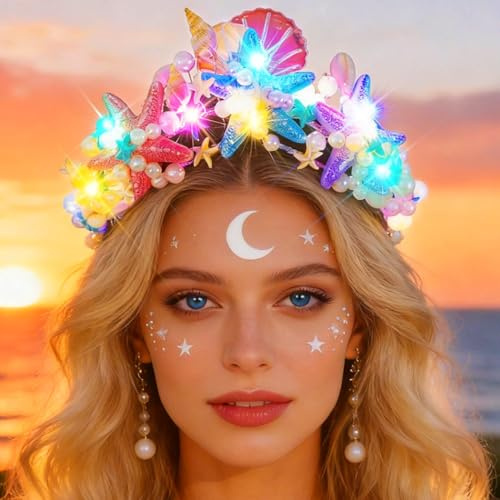 Zoestar Leuchtende Seestern-Tiaras und Kronen, LED-Muschelkrone, Stirnband, Perlen, Braut-Kopfbedeckung, Strand-Hochzeit, Haarschmuck für Damen
