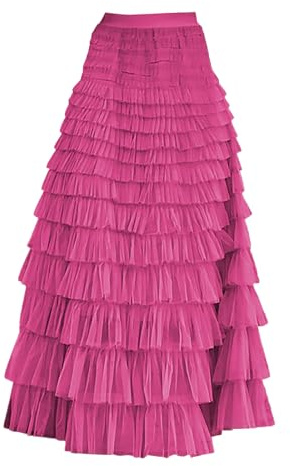 Glitzernder Lametta-Rock für Damen, 2024 Trends, Tüllrock, Rüschen, mehrlagiges Netzgewebe, A-Linie, Stufe, Tutu, Abschlussball, Hochzeit, lange Tüllröcke, adrette Röcke, hot pink, M